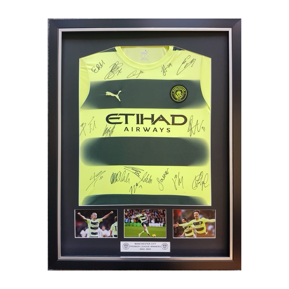 Signed Mounted And Framed 2023 Man City Football Shirt Rev Comps 8251